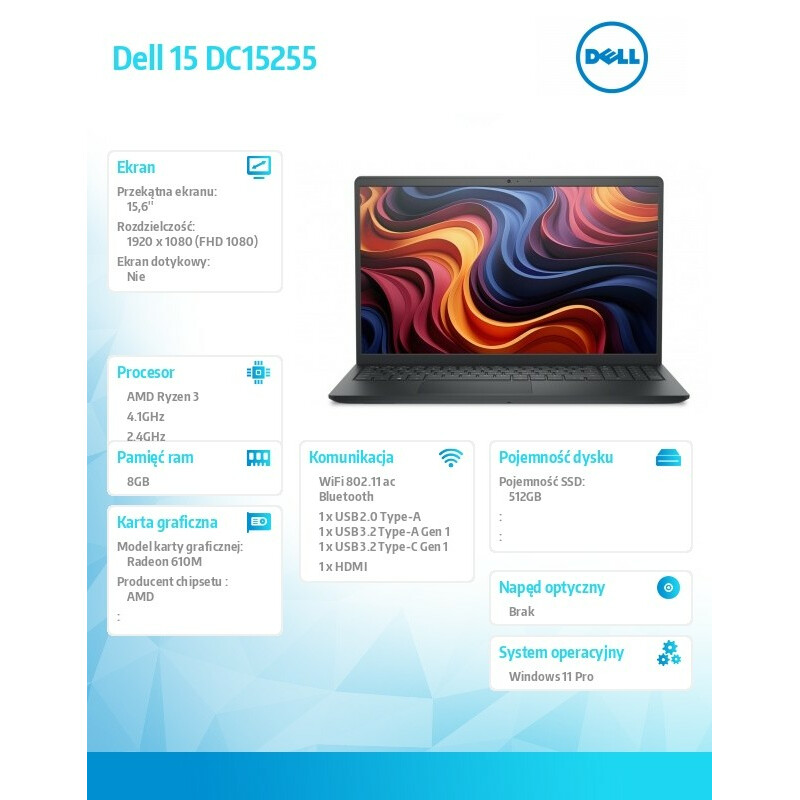 Laptop Dell 15 DC15255 W11P R3-7320U/8GB/512GB SSD/AMD Radeon 610M/WLAN + BT/15.6 FHD/Backlit Kb/3 Cell/65W/3YPS Carbon Black (Plastic) - obrazek 9