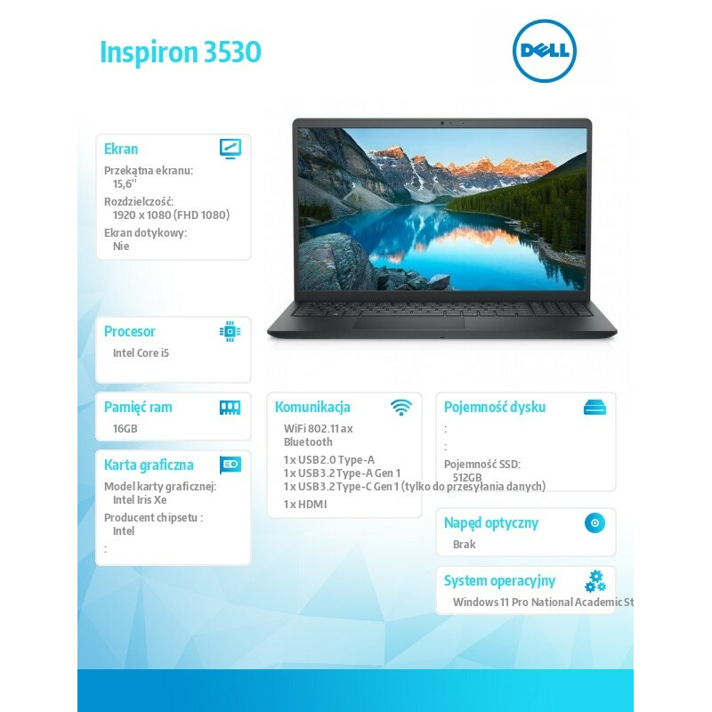 Laptop Inspiron 15 3530 Win11Pro EDU/Academic i5-1334U/16GB/512GB/15.6 FHD/Iris Xe/Non-Bcklit Kb/3C/3YOS - obrazek 5