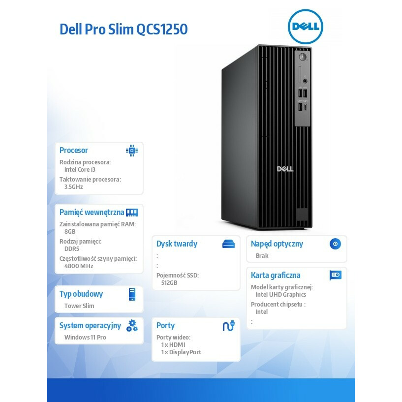 Komputer Dell Pro Slim QCS1250 W11Pro i3-14100/8GB/512GB SSD/Interated/Kb/Mouse/3YPS - obrazek 5
