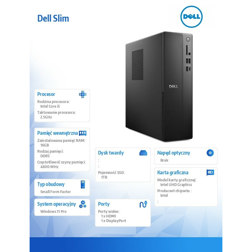 Komputer Dell Slim ECS1250 Win11Pro i5-14400/16GB/1TB/Intel UHD 730/WLAN + BT/Kb/Mouse/3YPS - obrazek 5