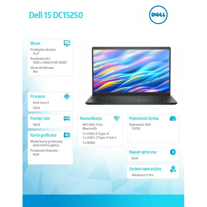 Laptop Dell 15 DC15250 W11P i7-1355U/16GB/512GB SSD/UHD/WLAN + BT/15.6 FHD/Backlit Kb/4 Cell/65W/3YPS Carbon Black (Plastic) - obrazek 9
