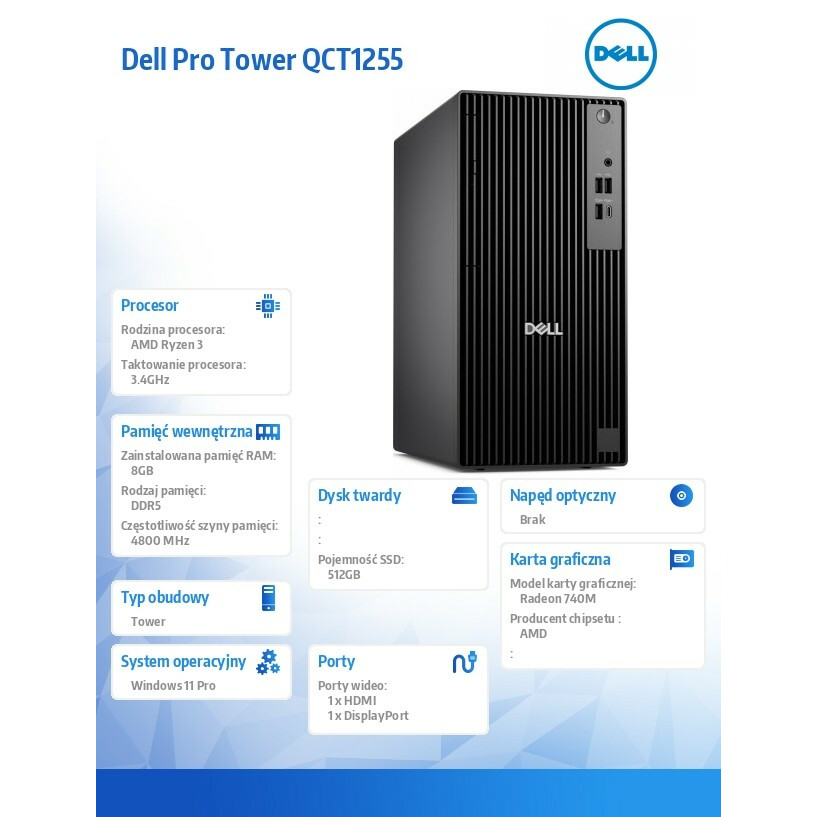Komputer Dell Pro Tower QCT1255 W11Pro Ryzen 3 8300G/8GB/512GB SSD/Integrated/Kb/Mouse/3YPS - obrazek 5
