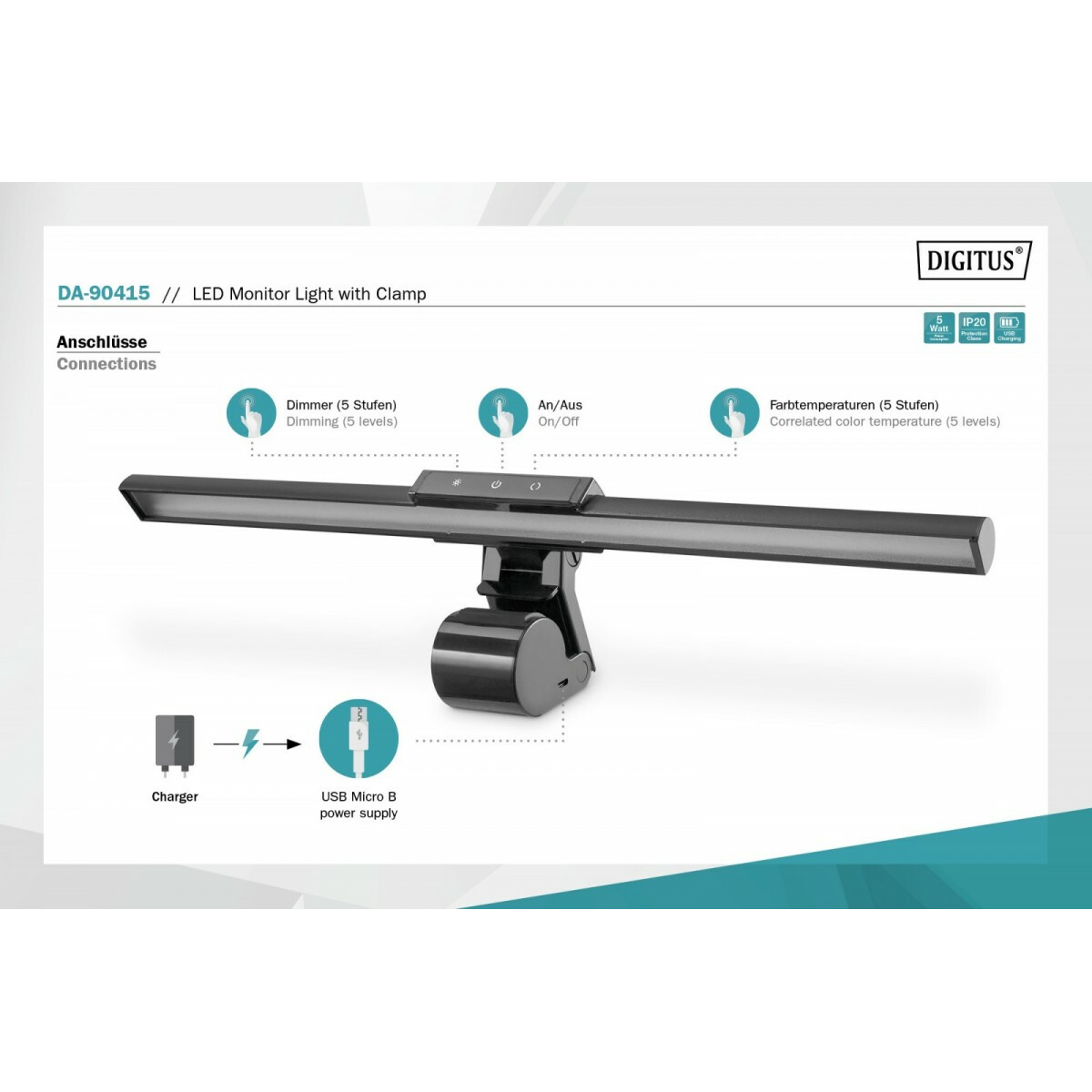 Lampka LED do monitora z mocowaniem zaciskowym, 5W, 250lm Czarna - obrazek 5