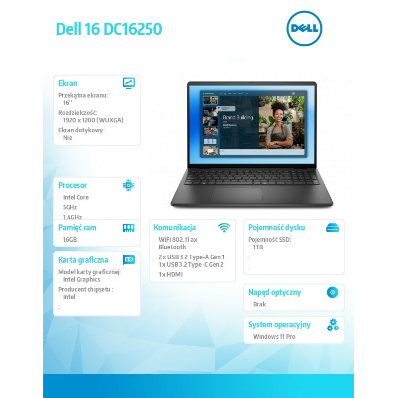 Laptop Dell 16 DC16250 W11P C5 120U/16GB/1TB/16.0 FHD+/Int/FgrPr/WLAN + BT/Backlit Kb/3 Cell/3YPS Carbon Black - obrazek 12