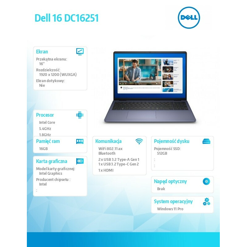 Laptop Dell 16 DC16251 W11P C7-150U/16GB/512GB/16.0 FHD+/Int/FgrPr/WLAN + BT/Backlit Kb/4 Cell/3YPS Midnight Blue - obrazek 12