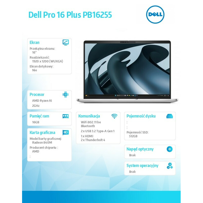 Laptop Dell Pro 16 Plus PB16255 W11P AMD Ryzen AI 5 PRO 340/16GB/512GB/16.0 FHD+/AMD Radeon840M/FPr&SmtCd/FHD/IRCam/Mic/WLAN+BT/BklKb/3C/3YPS - obrazek 7